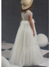 Beaded Ivory Lace Pleated Tulle Curly Hem Flower Girl Dress